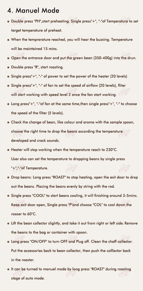 ITOP Electric Coffee Bean Roaster Drum Roaster 3 Operating Modes Espresso Tool