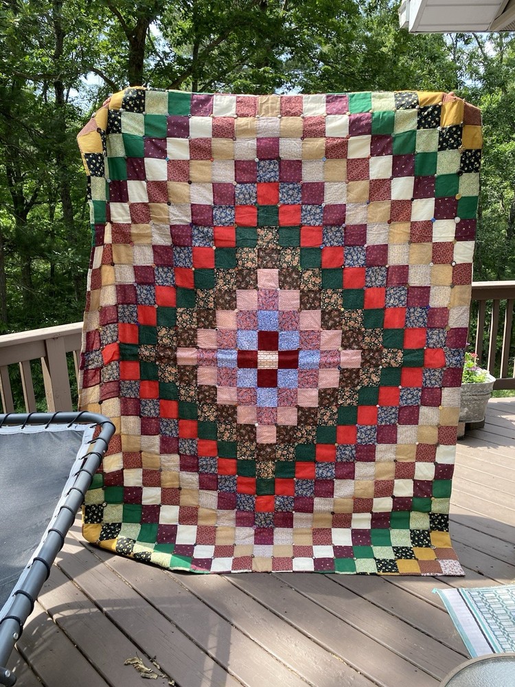 Handmade Machine Stitched Patchwork Quilt 66x85 Signed Tag Button Accents