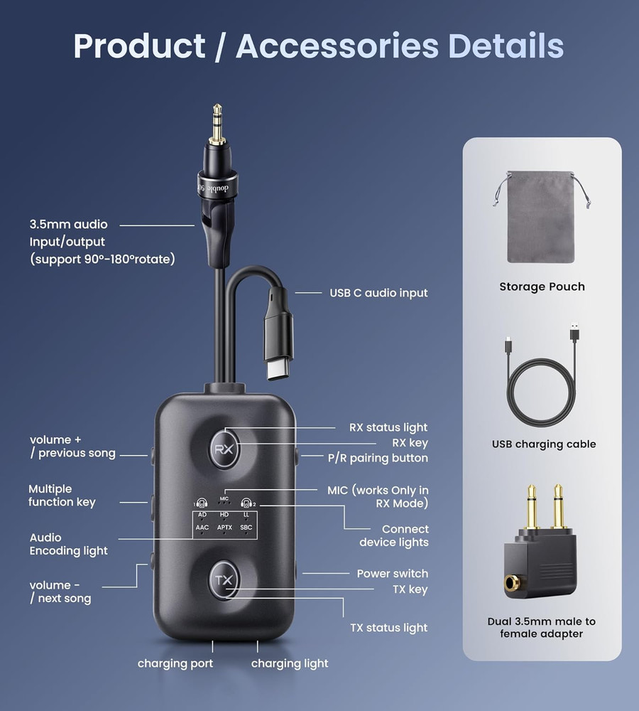 Unique Design Bluetooth 5.4 Transmitter Receiver with Qualcomm aptX Adaptive for