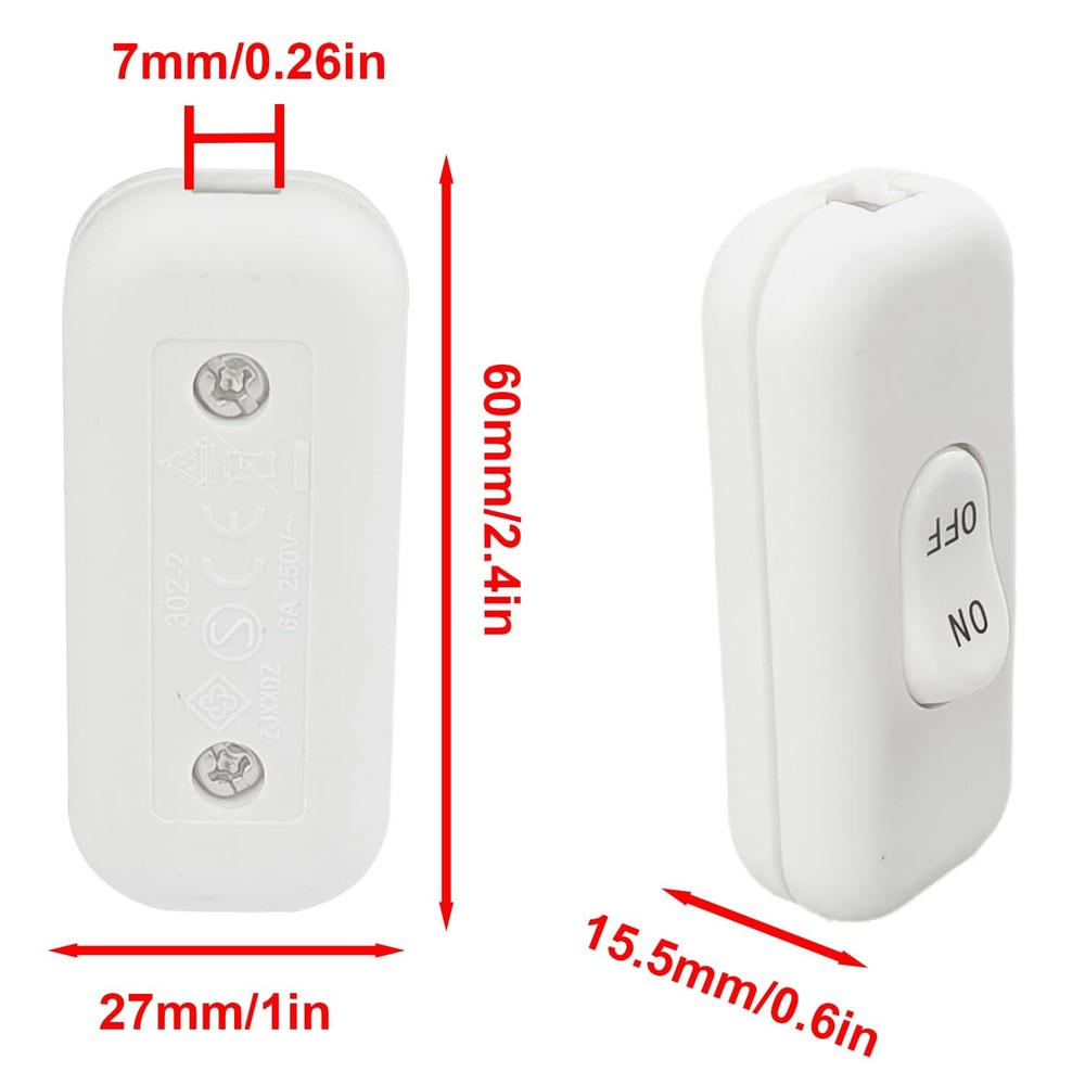 Surf turtle Inline Cord Switch 2-Pack White Button,Rated 6A 250V On/Off