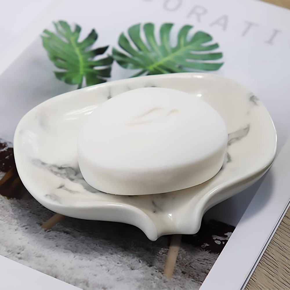 White Marble Texture Soap Dish Ceramic Holder Self Draining
