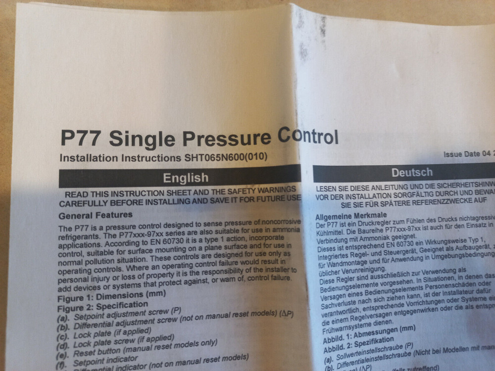 johnson controls p77aaa-9351 pressure control unit