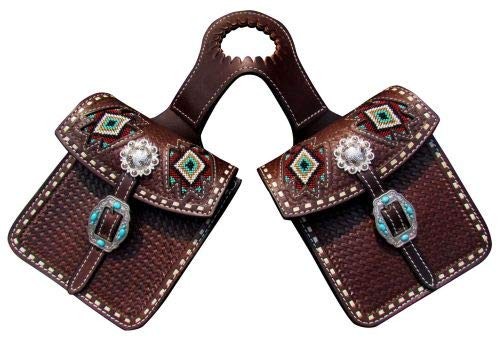 Showman Basket Weave Tooled Horn Bag w/ Beaded Inlays & Turquoise Stone Buckles