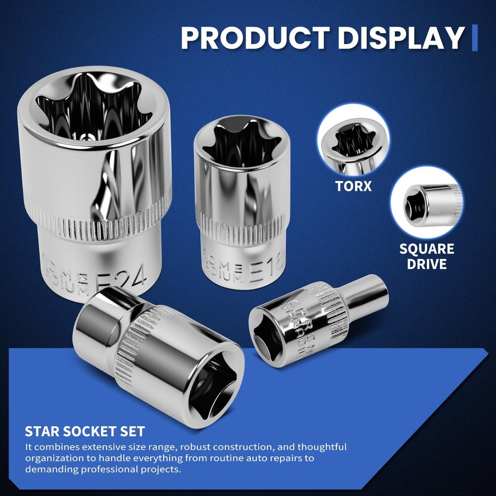 14-Piece E-Torx Star Socket Set, 1/4" 3/8" 1/2" Drive, E4 to E24 External Tor...