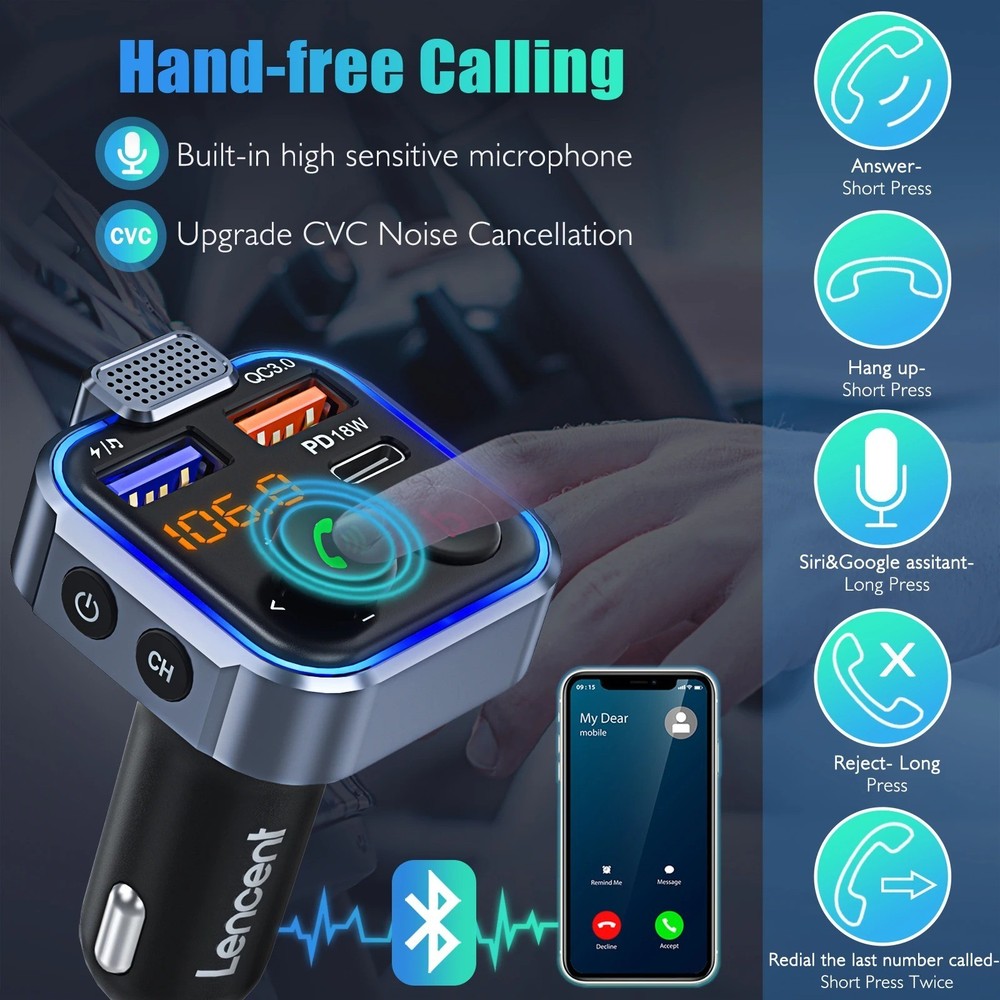 Bluetooth 5.0 Car Wireless FM Transmitter Adapter 2USB PD20W Charger Hands-Free