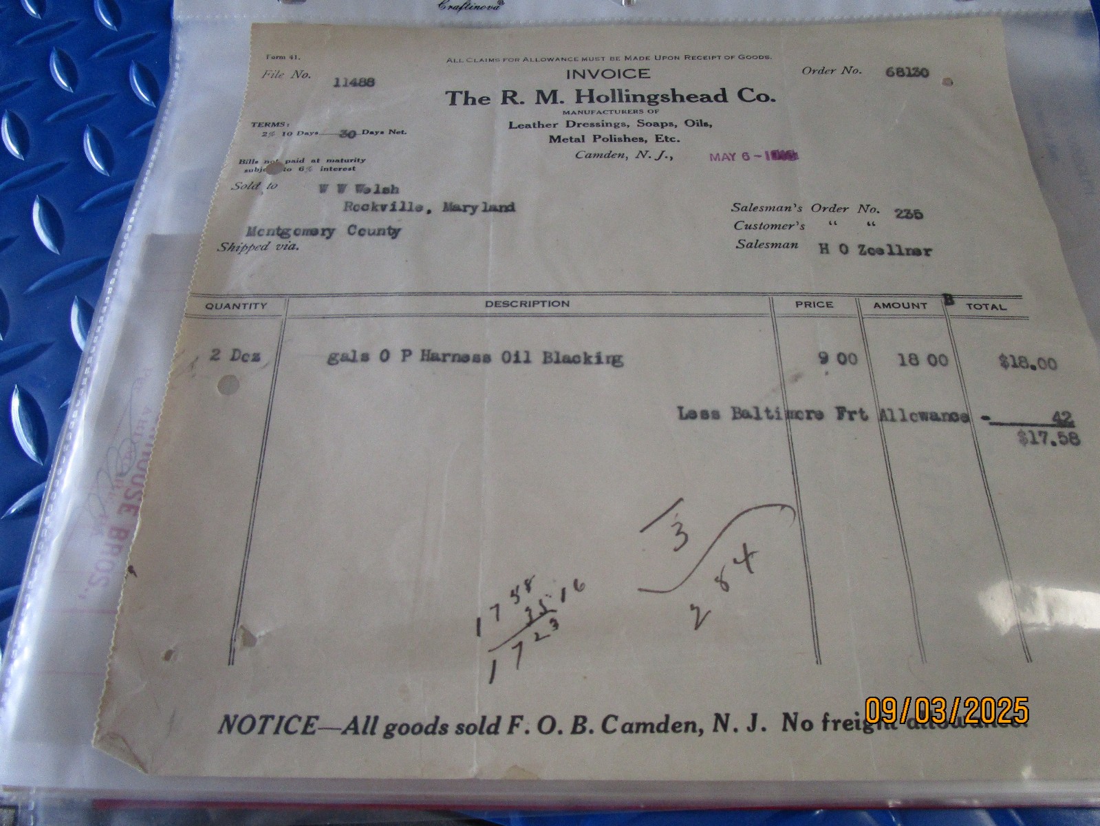 RM HOLLINGSHEAD CO CAMDEN NJ 5/6/1916 LETTER INV EPHEMERA BUY 3 FREE SHIP