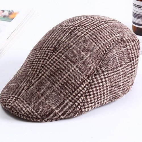 Classic Wool Herringbone Tweed Men Newsboy Cap Flat Medium Coffee - Stripe