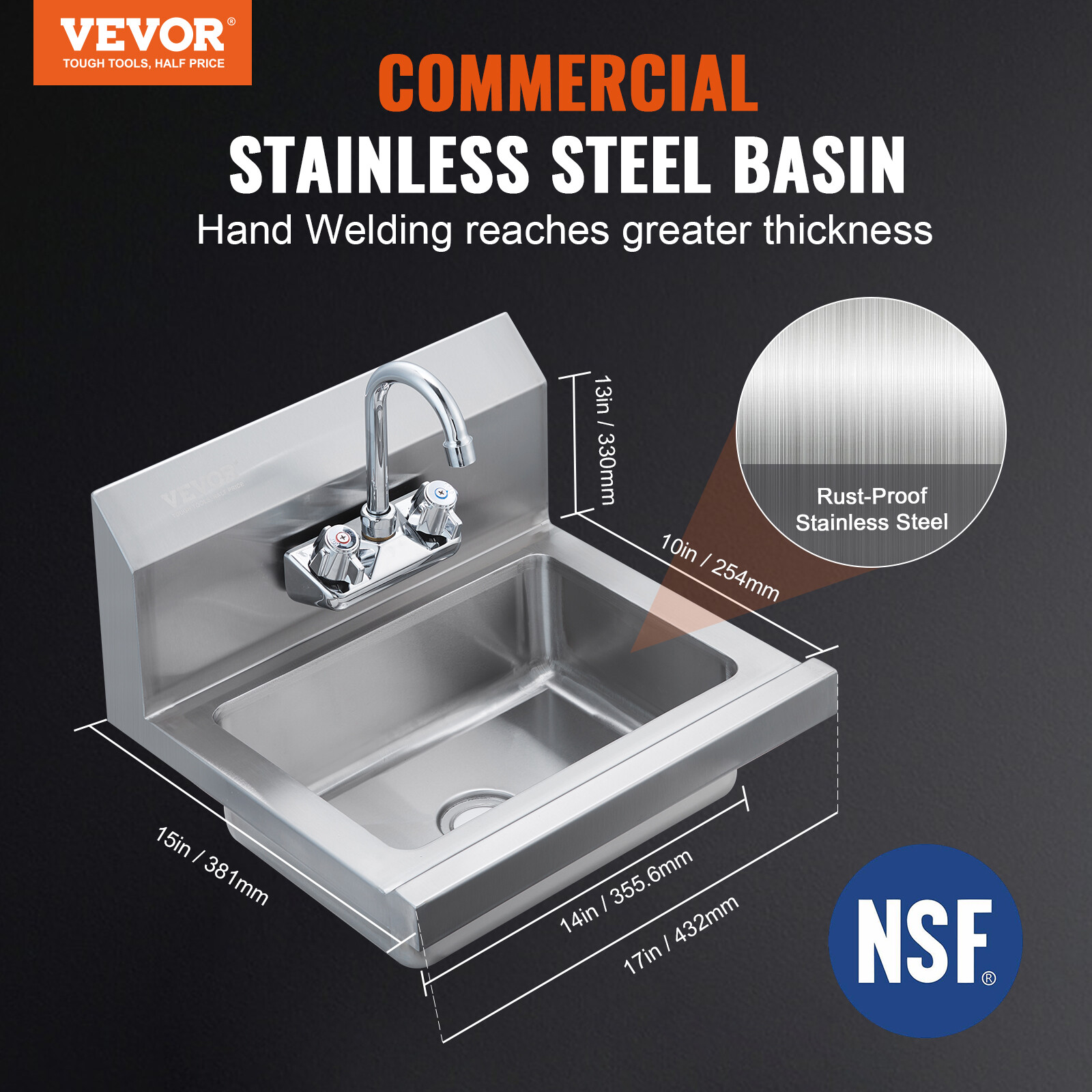 VEVOR Wall Mount NSF Hand Wash Sink Commercial Utility Sink Stainless Steel