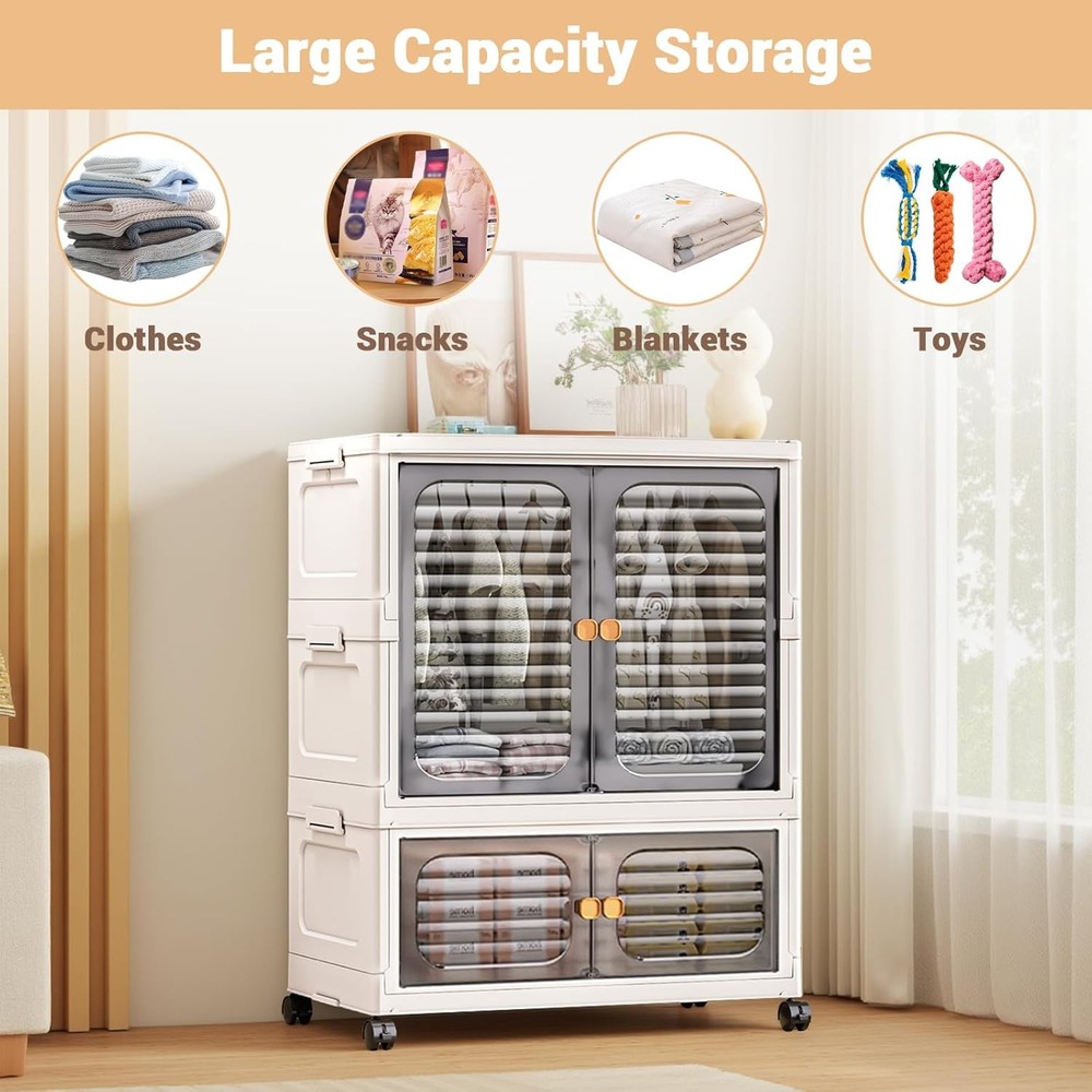 151QT Stackable Storage Bin with Wheels & Hanging Rod Large Organizer with Doors