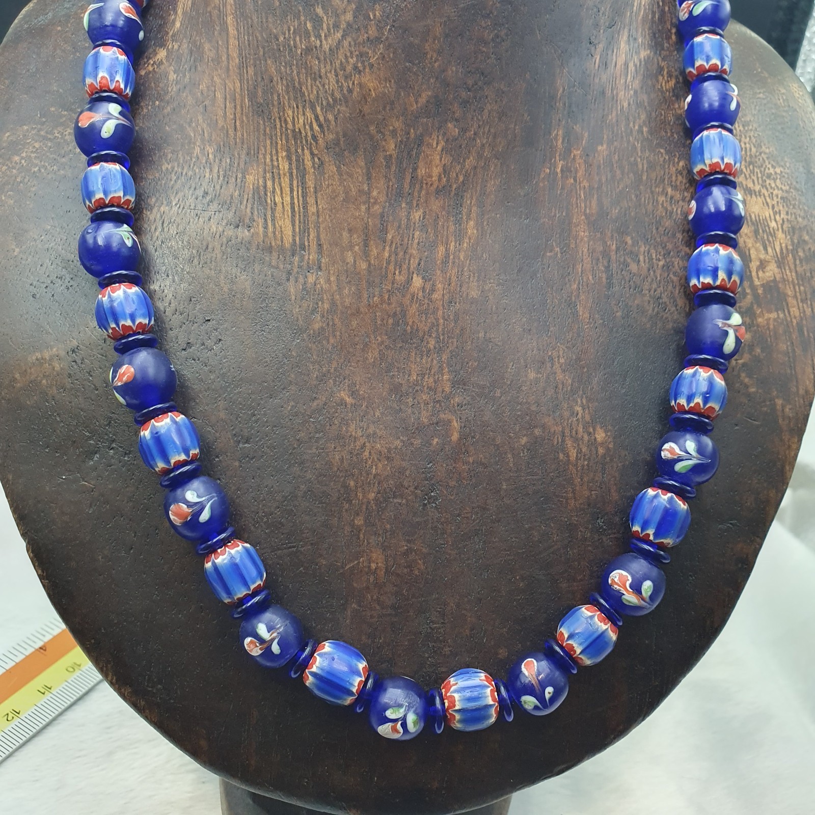 Vintage Venetian Cobalt Blue Floral & Striped Murano Style Beaded Necklace