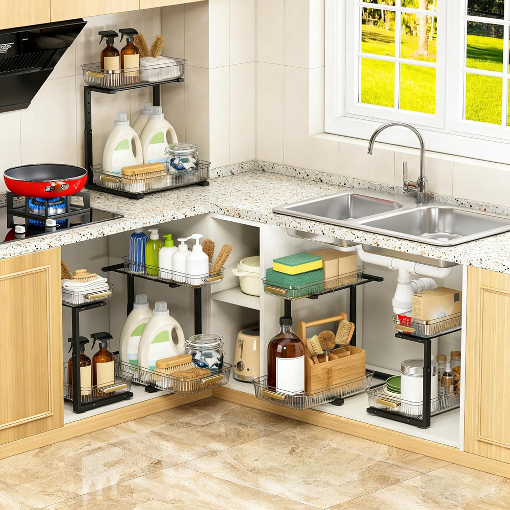 Under Sink Organizer - 2 Packs Multi-Purpose Pull-Out Storage Organizers, Slide