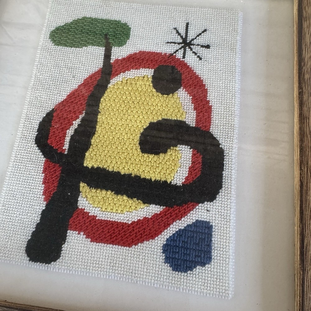 Framed Abstract Needlework Artwork Joan Miro Inspired Mid Century Modern Pair