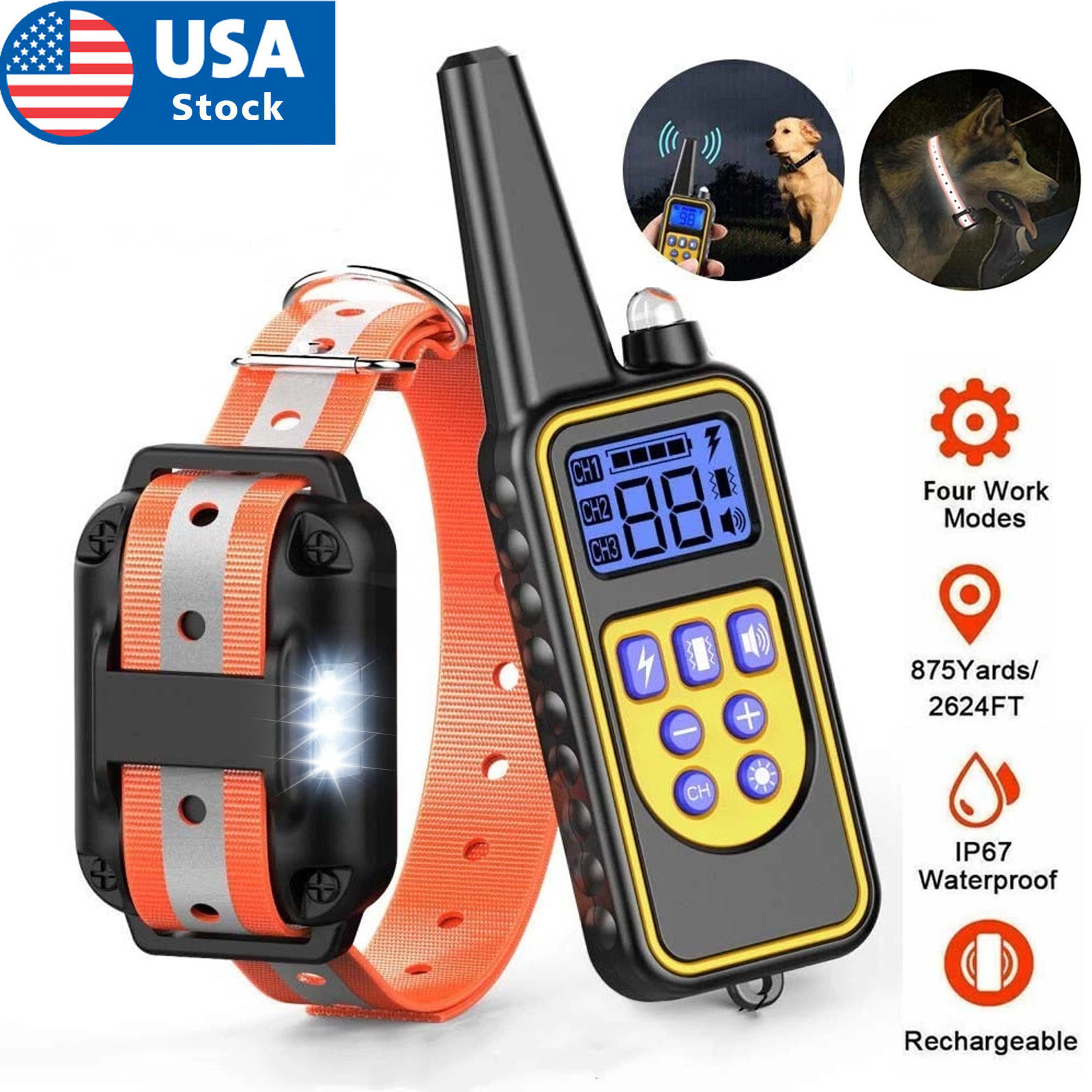 Dog Shock Training Collar Rechargeable Remote Control Waterproof IP67 875 Yards
