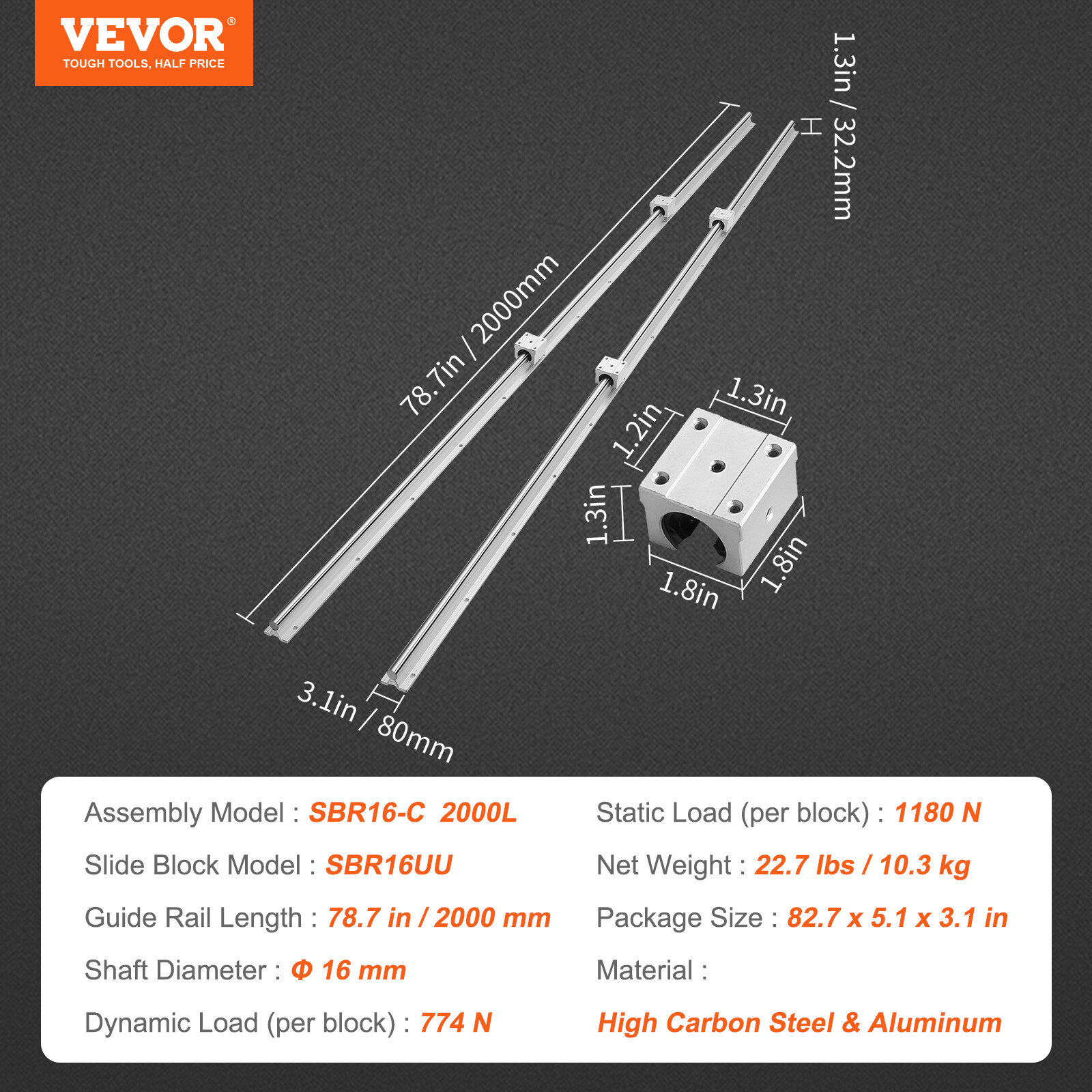 VEVOR 2PCS SBR16 2000mm Linear Guide Rail Slide Rail 4 PCS SBR16UU Bearing Block