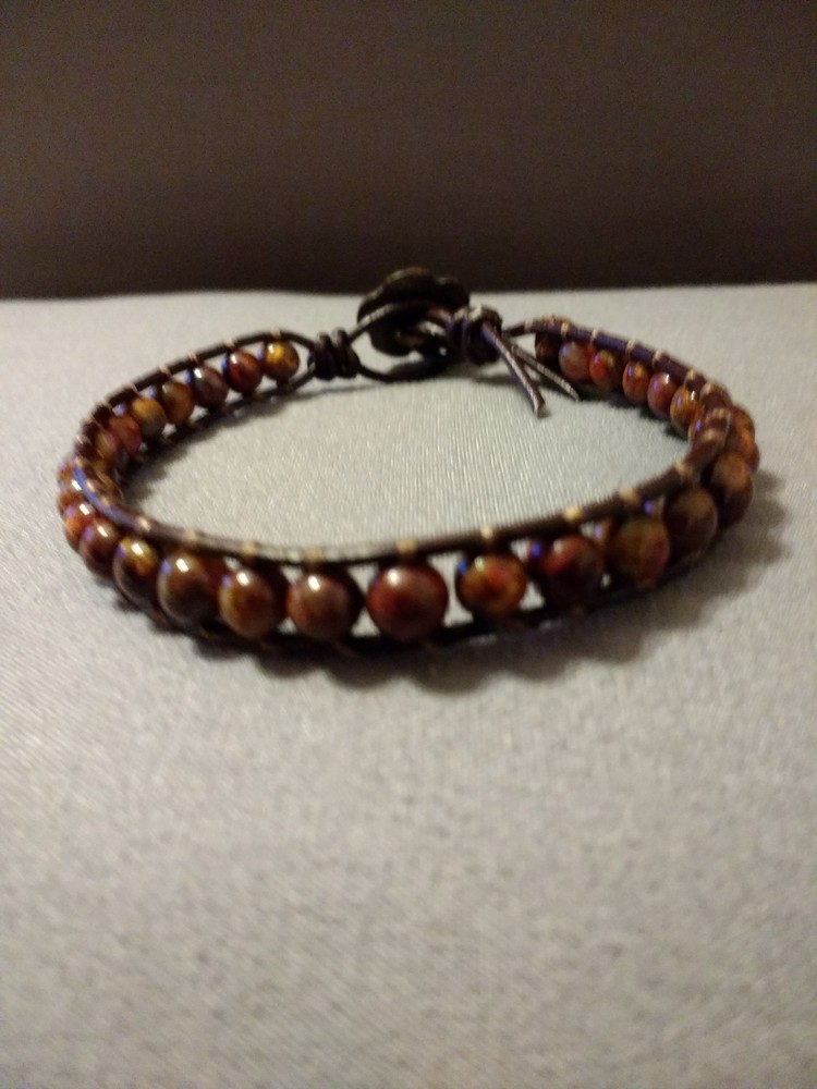 Beaded Leather Wrap Bracelet, Handmade Brown Jasper Beads