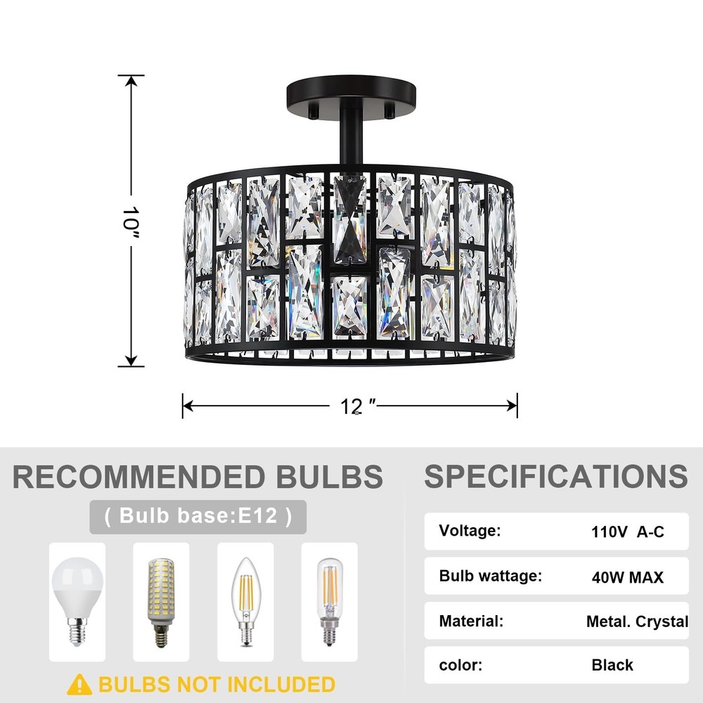 3 Light 12" Crystal Hanging Kitchen Island Ceiling Light Black Finish,Concise...