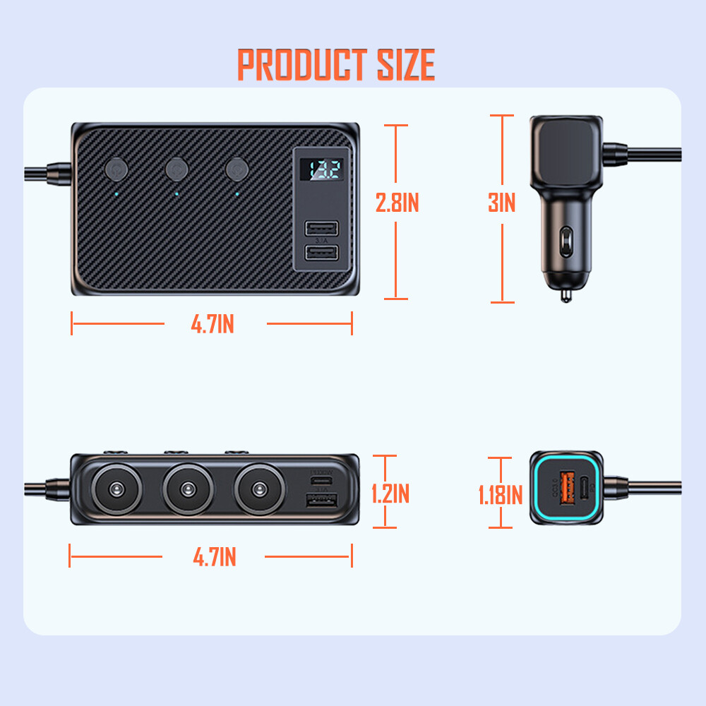 Multi Car Cigarette Lighter Socket Expander Splitter USB C Power Adapter Charger
