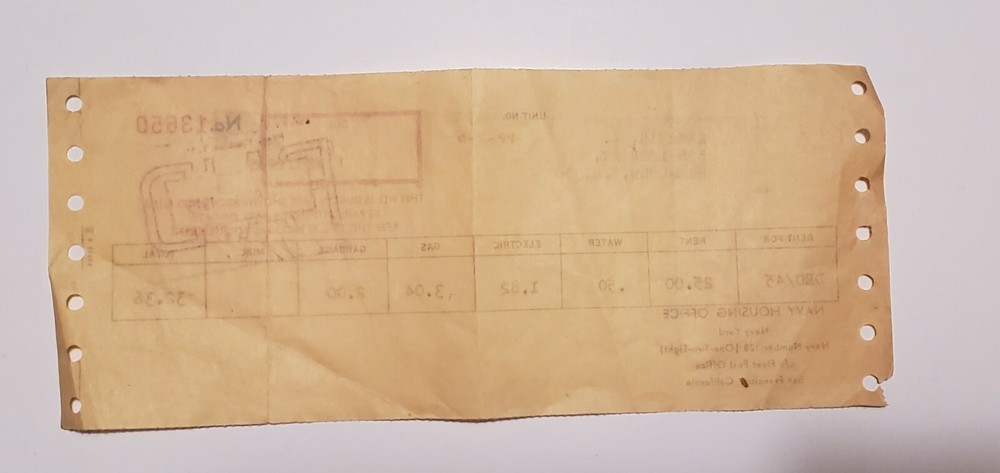 1945 Honolulu, T.H. Navy Housing Office Receipt - Hawaii Territory Navy Yard -