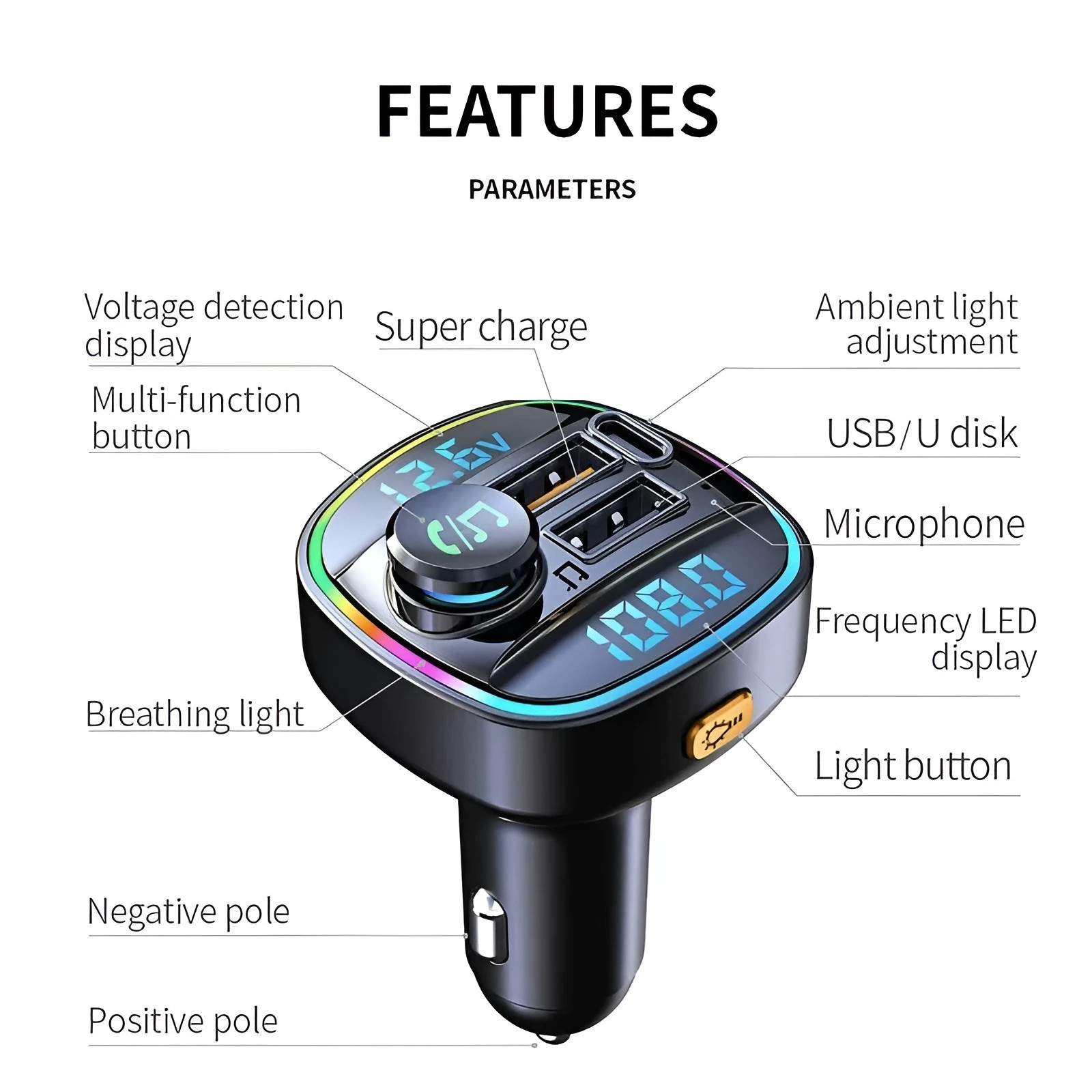 Bluetooth 5.0 Car FM Transmitter Adapter, Hands-Free, USB Charger, AUX Audio