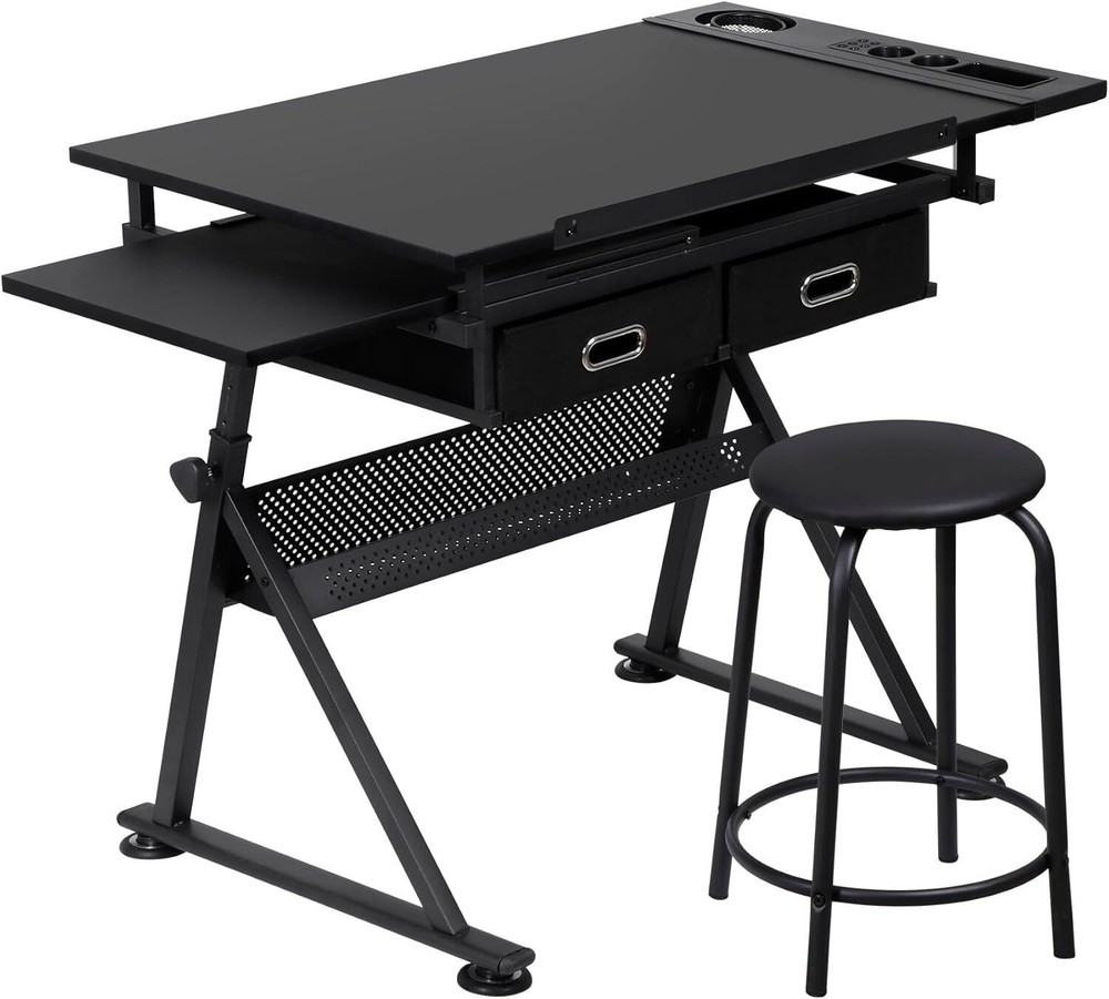 Adjustable Drafting Table with Stool Tilting Drawing Desk Artist Table w/Drawers