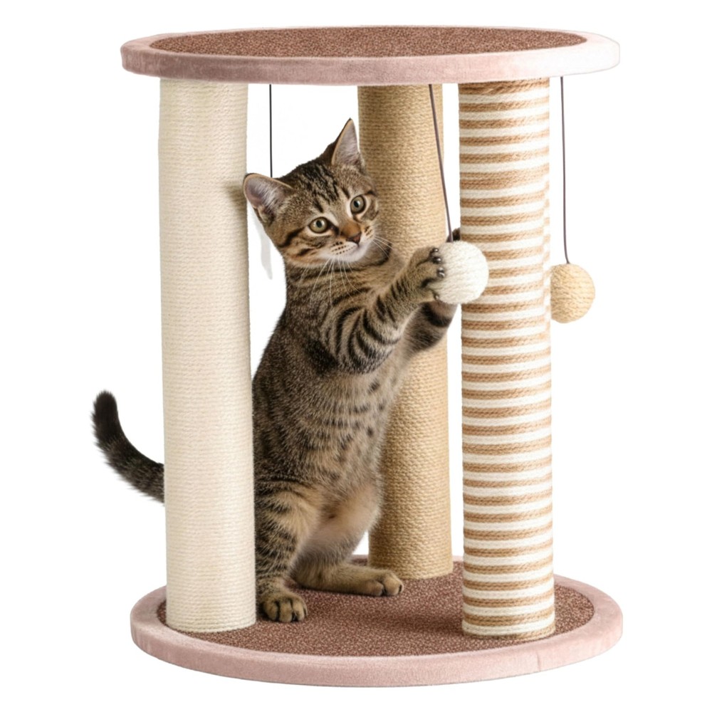Cat Scratching Post - 3 Scratcher Posts with Carpeted Base Play Area and Perc...