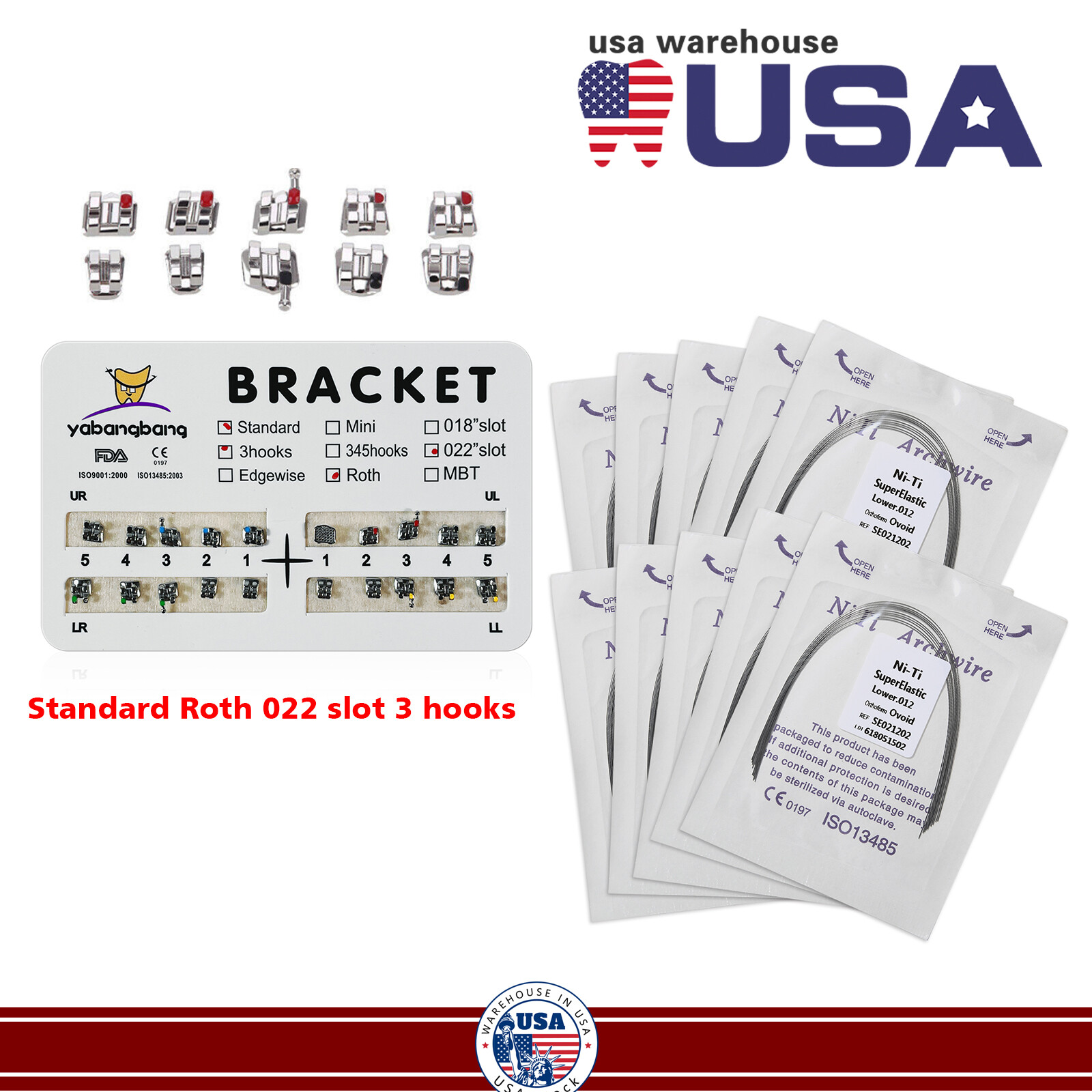 Dental Orthodontic Bracket Braces Roth/MBT 345 Hooks /Super Arch Wire Niti Round
