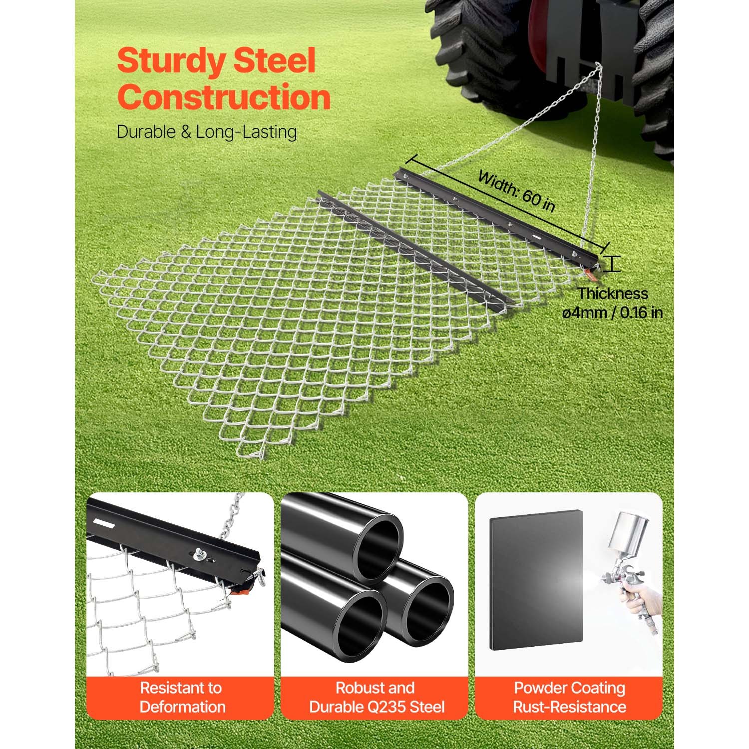 Drag Harrow 4 x 5 ft Chain Harrow Lawn Rake ATV UTV Tractor Attachments