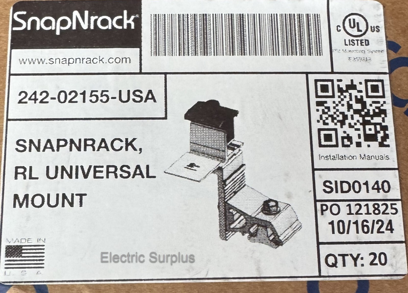 SnapNrack, RL Universal, Mount, 242-02155 (BOX OF 20 PCS)