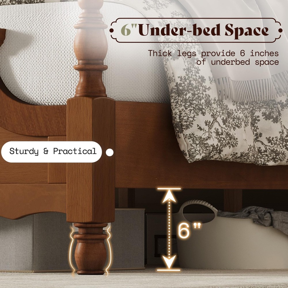 Solid Wood Queen Bed Frame with 56" Arched Headboard, Traditional Poste