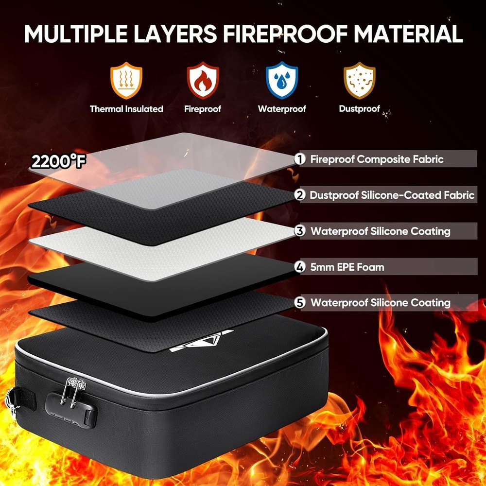 BALEINE Fireproof Document Box with Lock, Portable Fireproof Document Bag Waterp