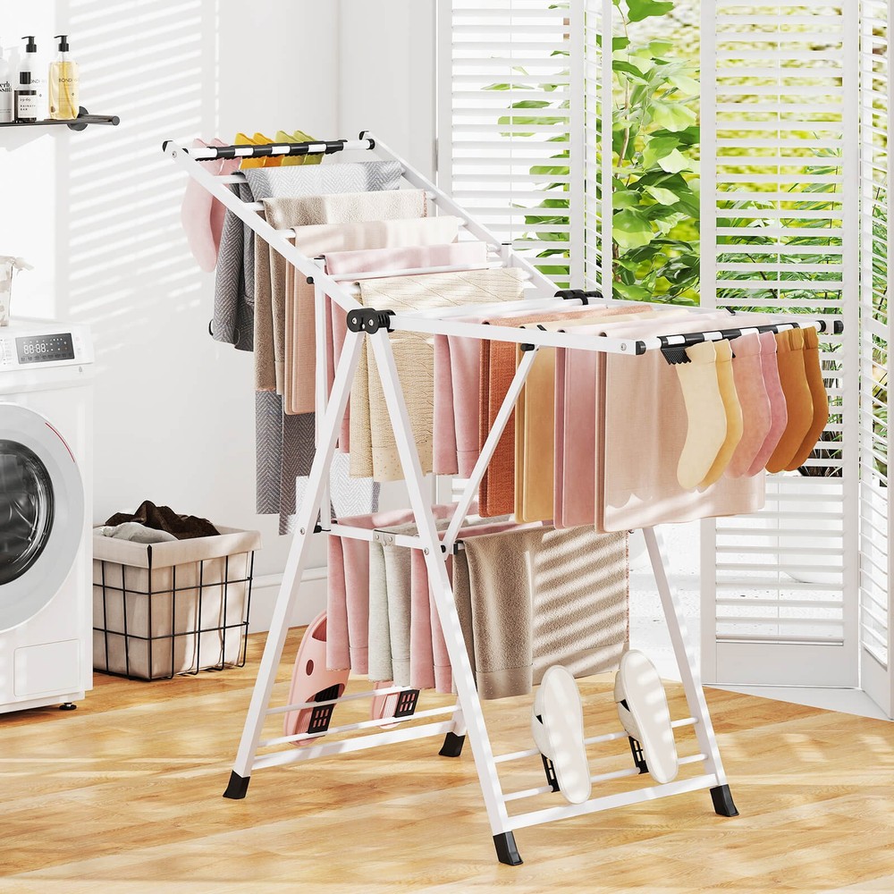 Foldable Metal Laundry Drying Rack w/Height Adjustable Wings, 16 Drying Rails