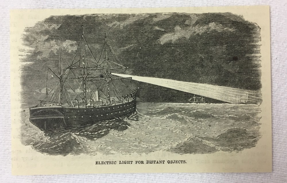 1880 magazine engraving~ ELECTRIC LIGHT ON SHIPS FOR DISTANT OBJECTS