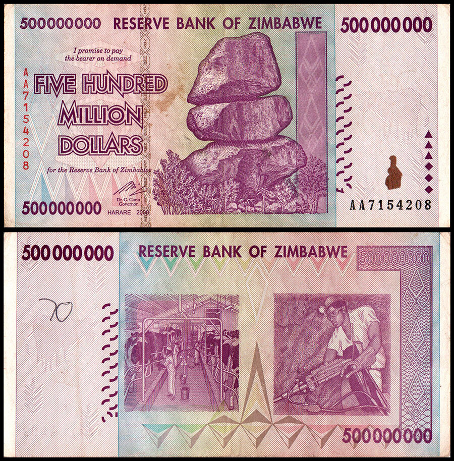 Zimbabwe 500 Million Dollars, 2008, P-82, Damaged X 100 PCS Bundle Pack