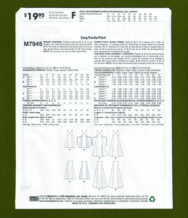 Easy Summer V-Neck Pullover Dress Sewing Pattern (Sizes 14-22) McCalls 7945
