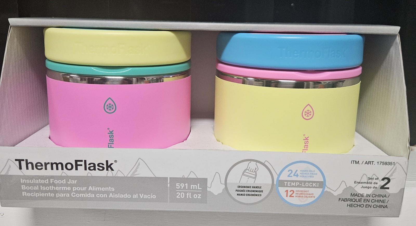 NEW Thermoflask Double Wall Insulated Food Jar, 2-Pack, Pink/Yellow 20oz