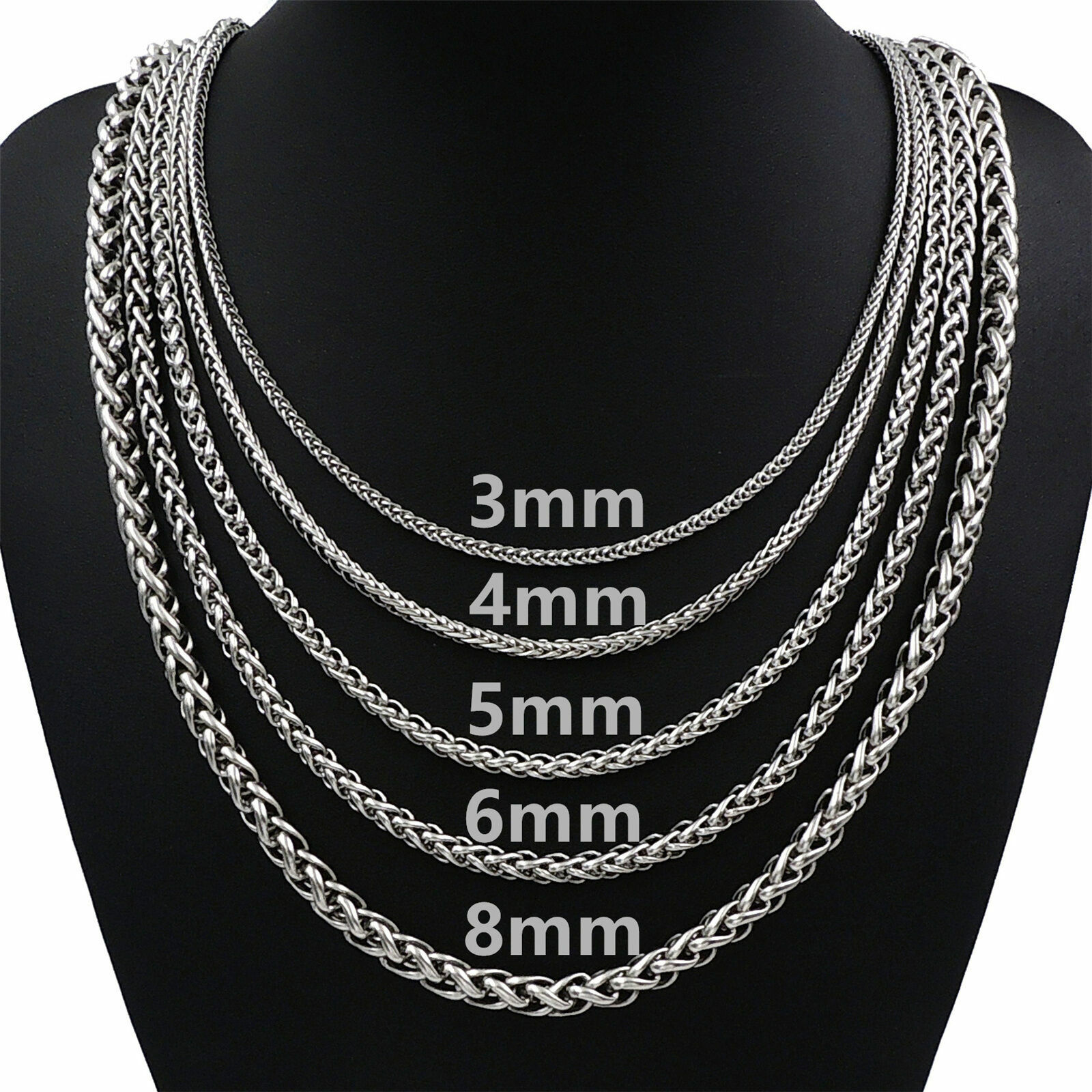 3/4/5/6/8MM Mens Silver Stainless Steel Necklace Wheat Braided Chain 8-30" Gift