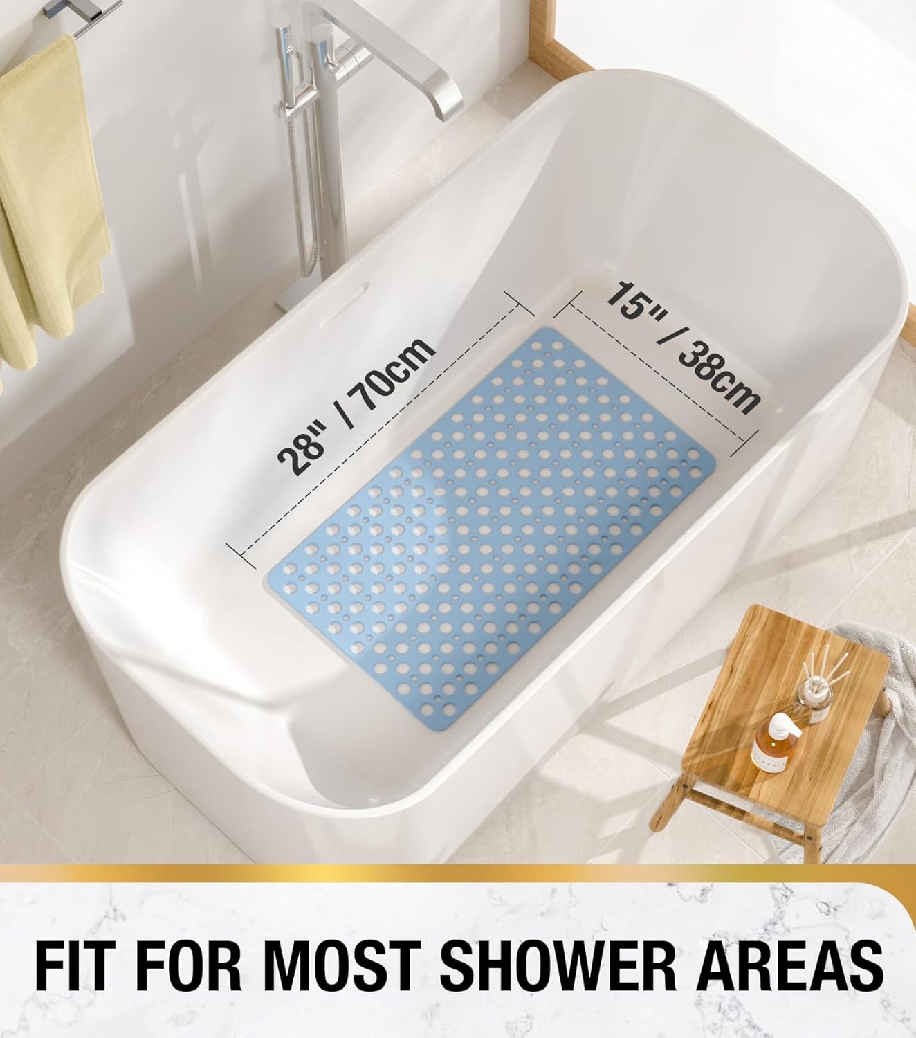 Non Slip Bathtub Mat 28x15in Blue Shower Safety Mat w/ Drain Holes & Suction