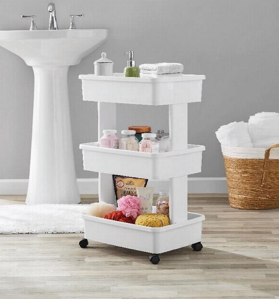 3-Tier Plastic Rolling Laundry Cart, Arctic White
