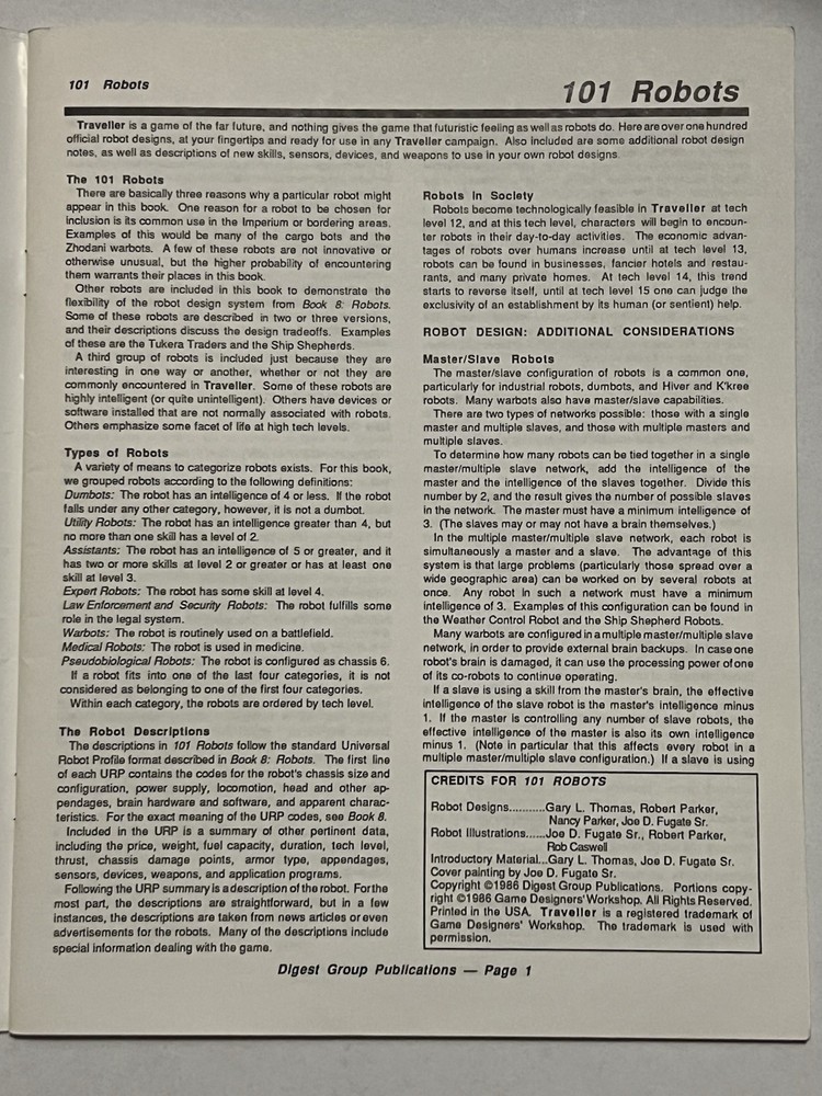 Digest Group Publications Traveller RPG 101 Robots VG