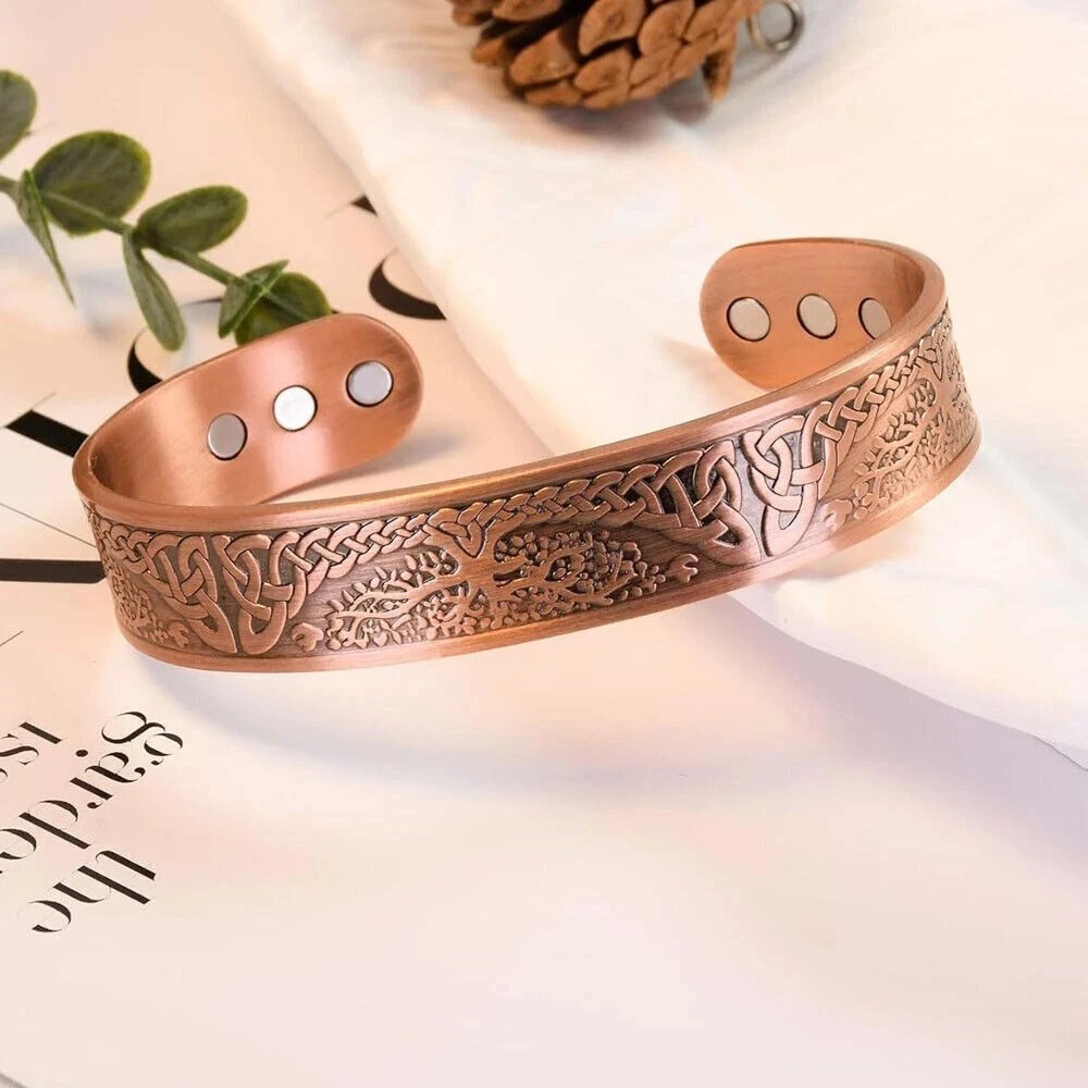 Men's Bracelet Magnetic Solid Pure Copper Bangle Tree Therapy Relief Arthritis