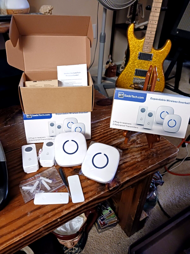 SADO-TECH Expandable Wireless Doorbell 2 Transmitters 2 Plug-in Receivers WHITE!