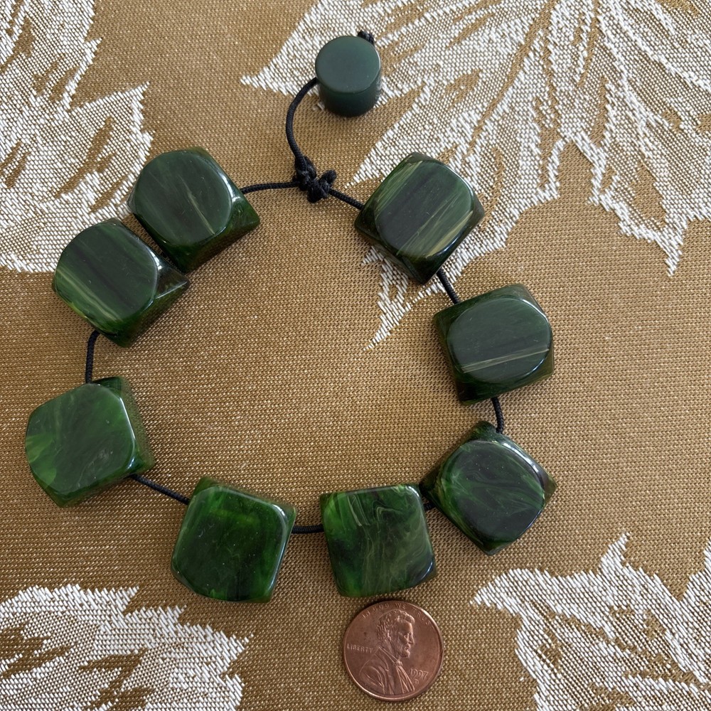BAKELITE BRACELET Spinach Green Yellow Marbled Expansion Chunky Pyramidal Shape