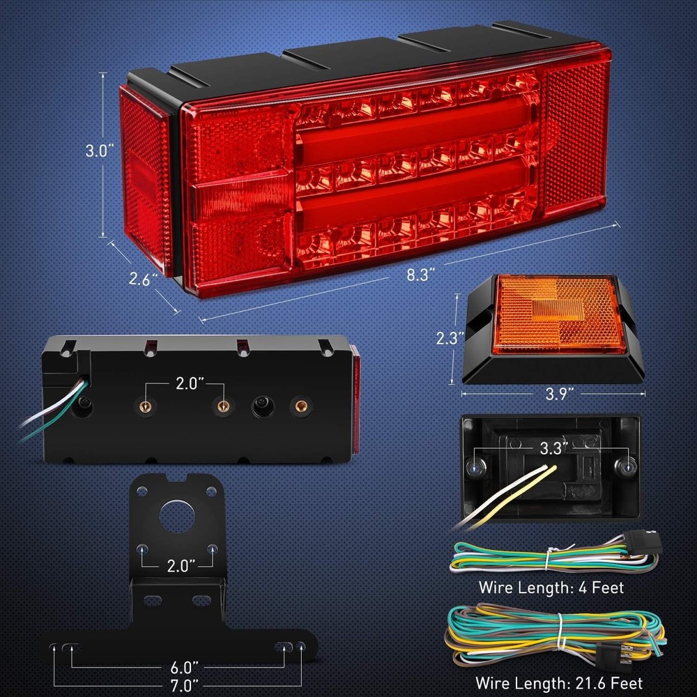 2PCS Rectangular LED Trailer Light Kit with Halo Glow Submersible LED Stop