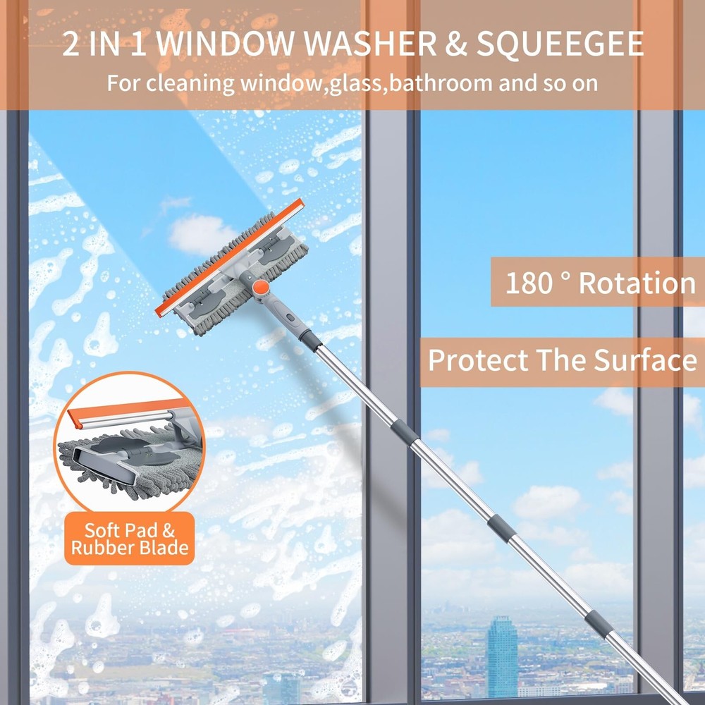 6.4FT Extendable 2-in-1 Window Squeegee & Scrubber with Long Handle, 180° A