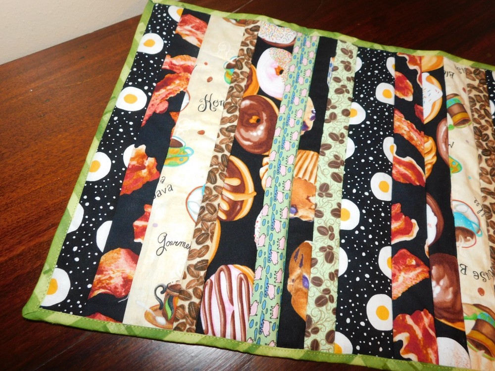 Breakfast Handmade Quilt Panel Table Runner Pieced Strips Coffee Eggs Bacon