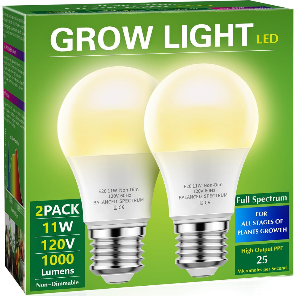 Briignite A19 LED Grow Light Bulbs, Full Spectrum, E26 Base, 11W, 2-Pack