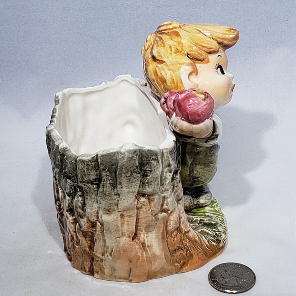 Enesco Boy Apples Puppy Biting Pants Tree Stump Planter Foil Sticker E-2829 EUC