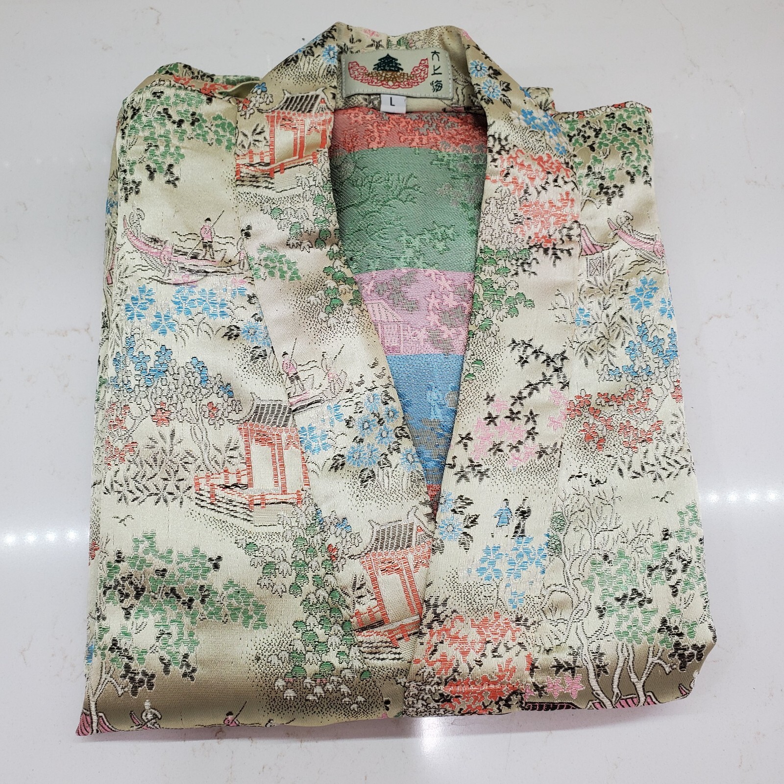 Greater Shanghai Hi-Low Kimono House Dress Vintage V-Neck Gold Brocade Size L