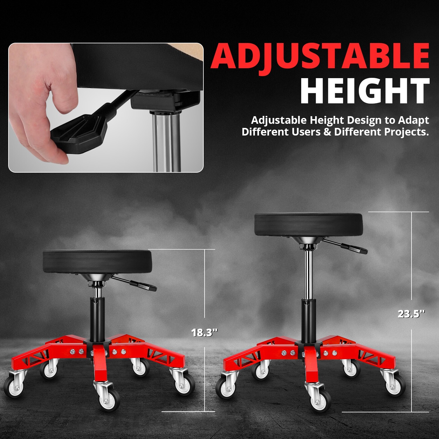 Heavy Duty Adjustable Height Mechanics Rolling Seat Garage Stool Work Shop Red