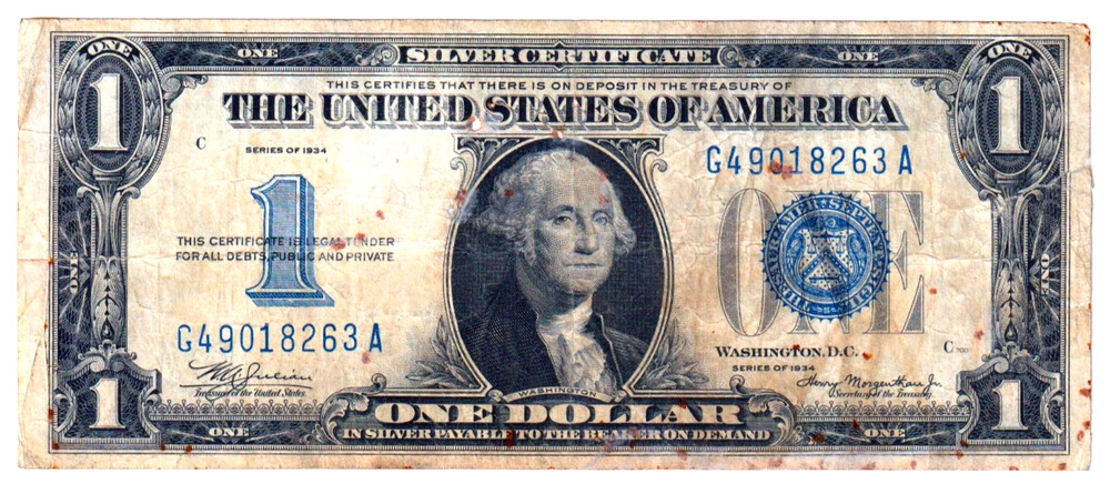 1934 $1 FUNNYBACK Silver Certificate Fr. 1606 VF